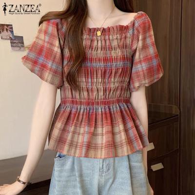 Women Casual Suqre Collar Puff Half Sleeve Summer Grid Print Blouse
