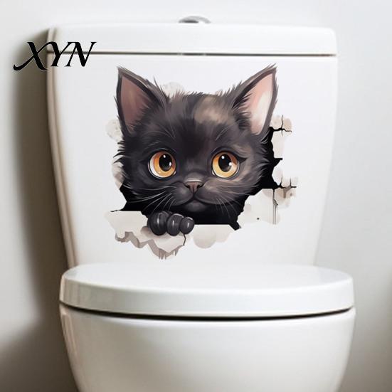 Toilet Lid Decoration Broken Wall Cat Sticker, Peel And Stick Decor PVC Bathroom Decal Decal, Removable Waterproof Sticker for