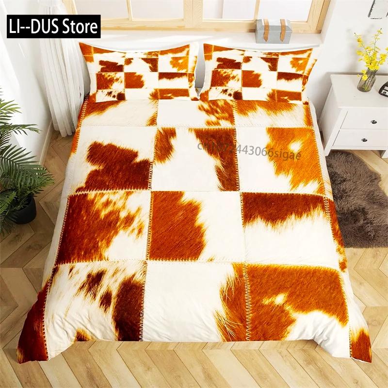 Cowhide Print Duvet Cover Queen Microfiber Western Farmhouse Animal Skin Fur Bedding Set 3pcs for Kids Teen Cow Quilt Cover