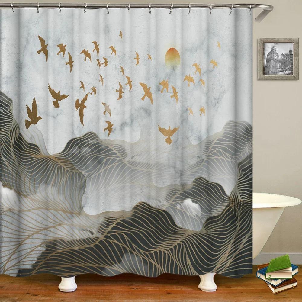 Elegant Chinese Landscape Print Waterproof Shower Curtain - Stylish,Durable &Easy-Care Choice for Multiple Bathroom Décor Themes