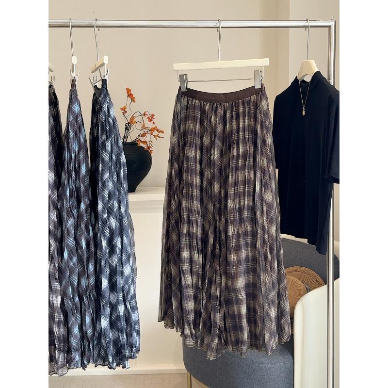 Blue Brown Plaid Tulle Pleated Plaid Midi Skirt Women A-line Irregular Midi Skirt for Winter Vintage Personality