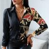 Spring Autumn Women Officewear Blouse Women Fashion Elegant Scarf Chain Print Button Design Shirt Long Sleeve Patchwork