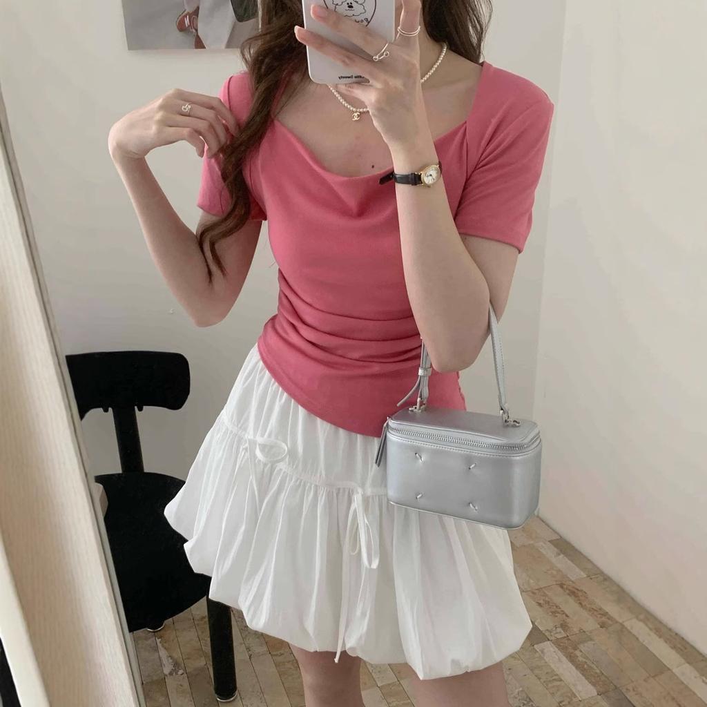Summer New Irregular Short-sleeved T-shirt Women's Shoulder Swing Collar Design Slim-fit Top