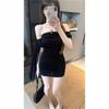 [] Pure desire wind streamer one-word collar dress women's summer sexy temperament waist hip skirt short skirt