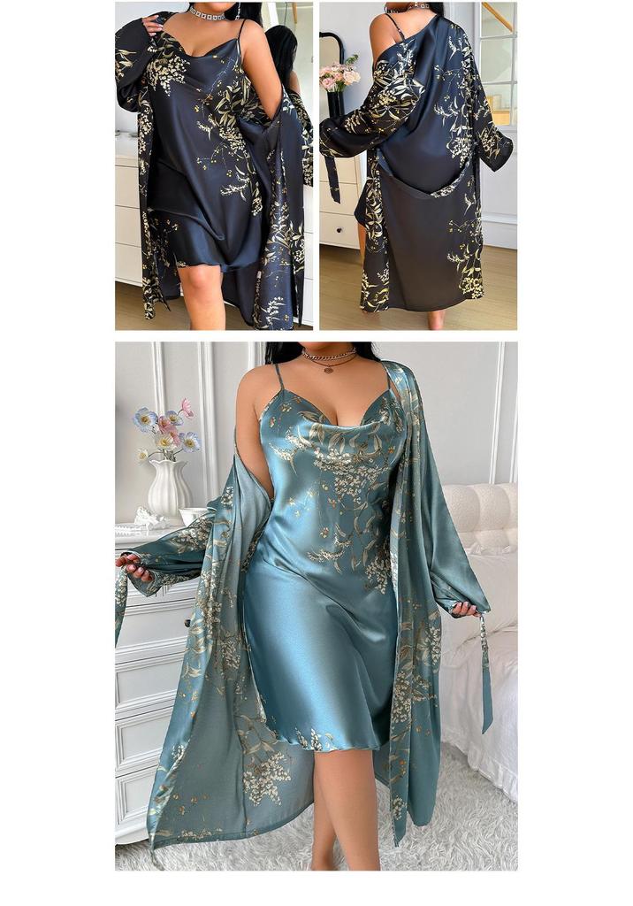 Sexy bedrucktes Schlafanzug- & Schnür-Bademantel-Set in Übergröße - Zweiteilig, Auch für draußen geeignet