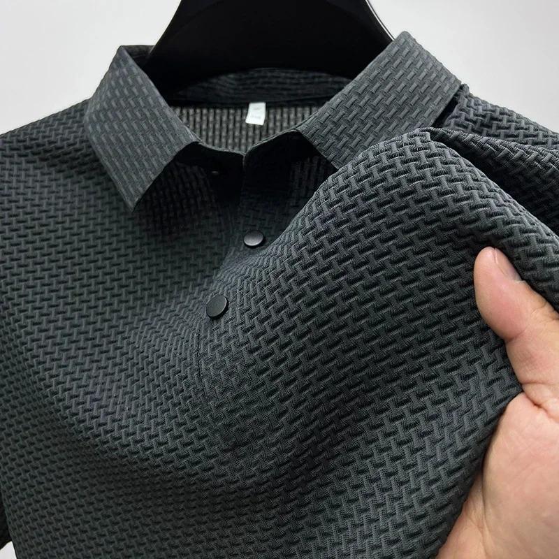 Camiseta Polo Masculina de Verão Lop-up Vazada de Manga Curta Seda Gelada Respirável Moda Business Camiseta Roupas de Marca Masculina