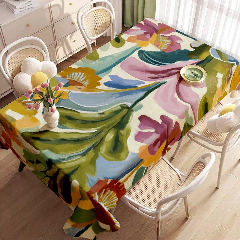 1pc Tablecloth, Soft And Fashionable Table Cover with Colorful Floral Leaf Pattern, Machine Washable And Easy to Clean, Suitable for Dining Tables, Co