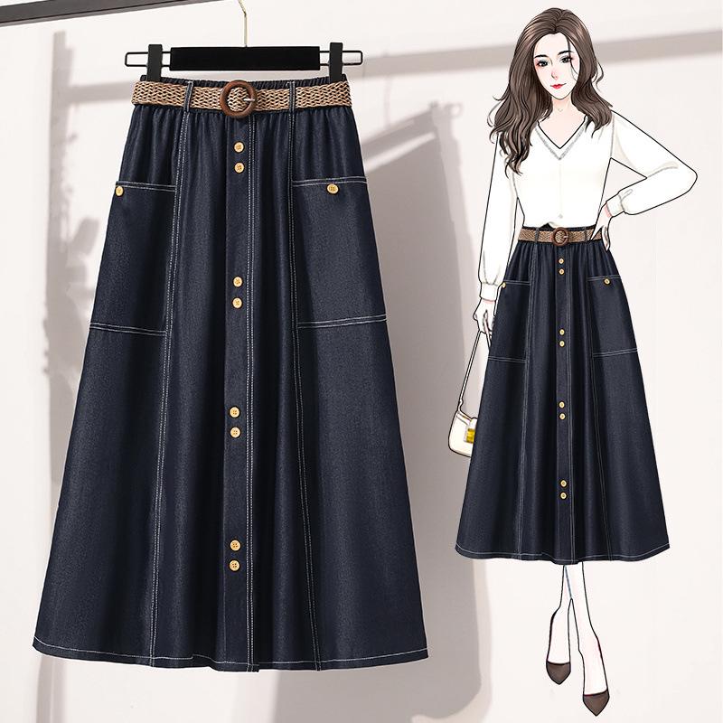

Plus Size High-Waist Denim Midi Skirt with Belt L джинсовый синий