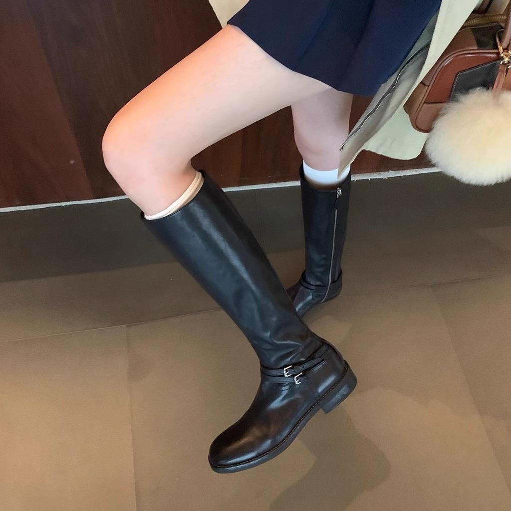 Cowhide~ Grape Mom Same Retro Boots Women's Double Buckle Belt But Knee Boots Side Zipper Thick Heel Knight Boots