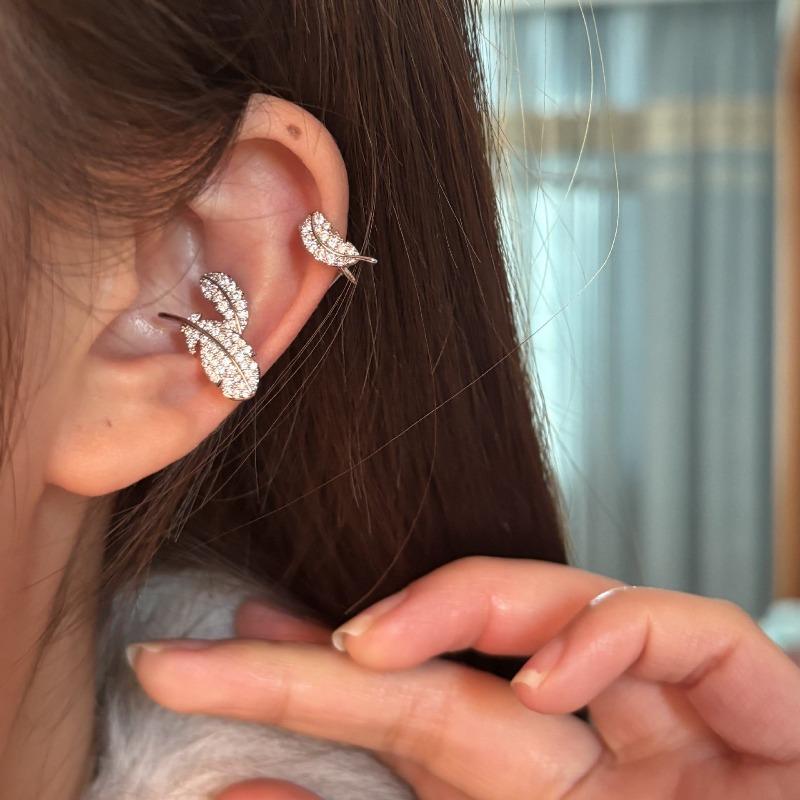 Ear Clips~ Zircon Leaf Double Layer Ear Clips Women's No Ear Piercings Fashion Design Ear Bone Clips Light Luxury Premium Earrings