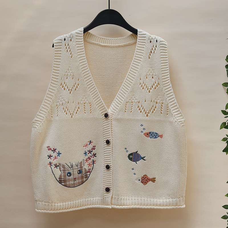 Women's Knitted Vest with Kitten and Fish Embroidery Loose Cardigan Top