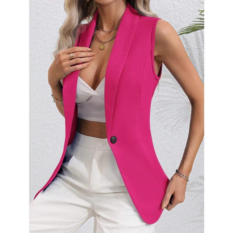 VEZFAA Mode Femme Décontracté Couleur Unie Imprimé Automne Hiver Sans Manches Col POLO Vestes & Manteaux