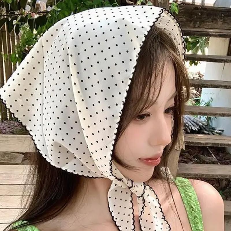 

Корейский милый платок-бандана в горошек, треугольный, для женщин, полосатый кружевной шарф на шею, повязка на голову, летний солнцезащитный платок для волос белый