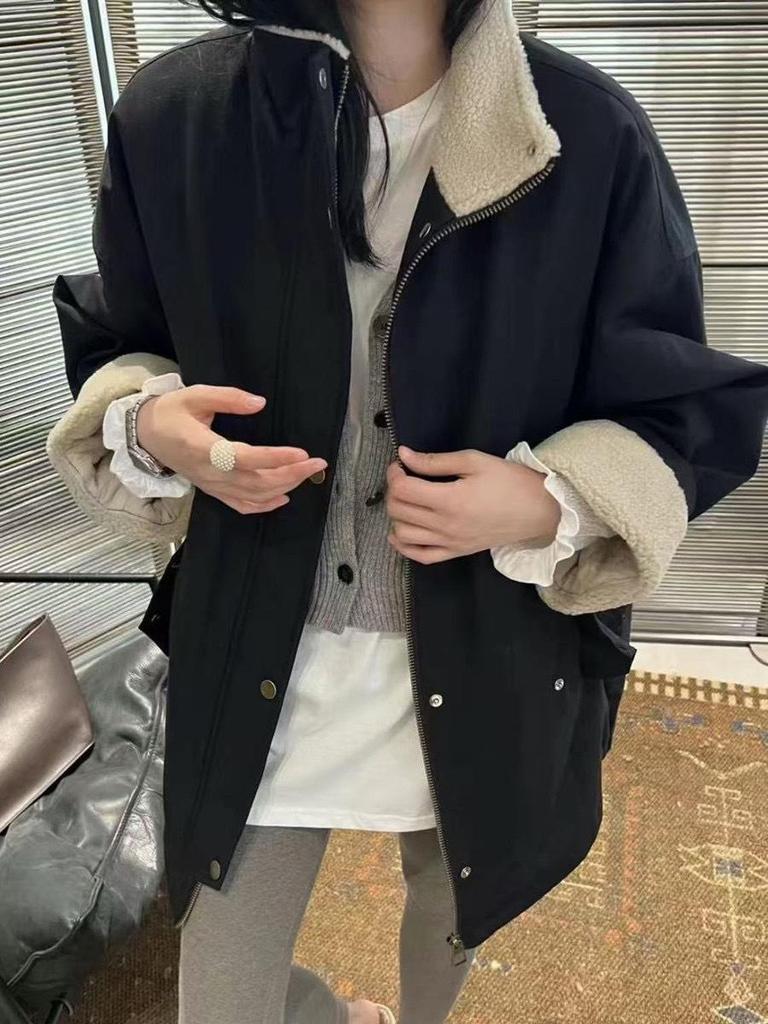 Women's 2024 Winter Stand Collar Lambswool Patchwork Coat - Loose, Versatile, and Warm Mid-Length Quilted Cotton Jacket