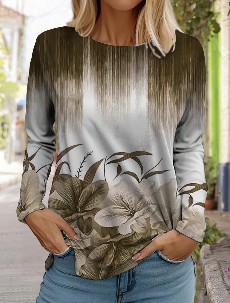 2024 Damenmode Oberteile Langarm Rundhals Pullover Casual Langarm T-Shirt Neu 3D-gedruckt Gestreift Farbverlauf Floralprint