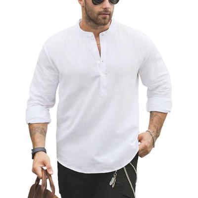 Hochwertige weiße Baumwollleinen Henley-Shirts für Herren Leicht Langärmlig Lässig Streetwear Alltagskleidung