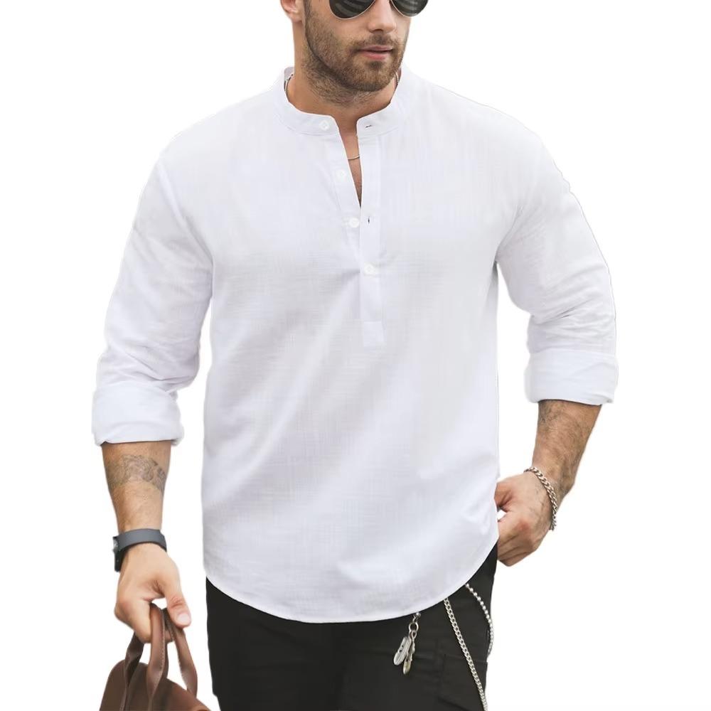Premium White Cotton Linen Henley Shirts for Men Lightweight Long Sleeve Casual Streetwear Everyday Wear