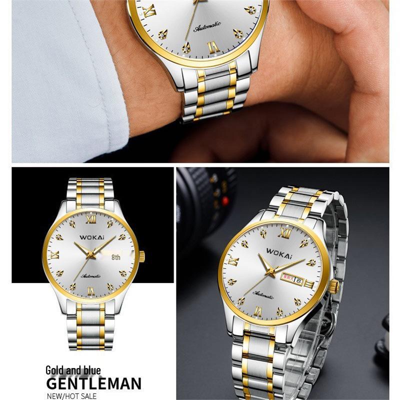 Men's Waterproof Quartz Steel Band Watch with Double Calendar