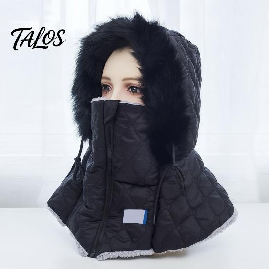 Cold Weather Gear for Women Winter Balaclava Hat, Quilted Face Mask Hood Zipper Closure, Fuzzy Trim, Thermal Neck Warmer Fleece Lined, Warm Windproof