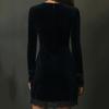 Women's Velvet Embroidered Floral Dress V,Neck Long Sleeve Lace Hem Evening Gown