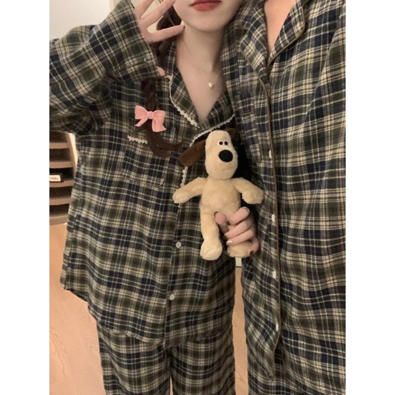 Plaid Couple Pajamas Autumn and Winter  Retro Brushed Pure Cotton One Man One Women Homewear Set Outer Wear