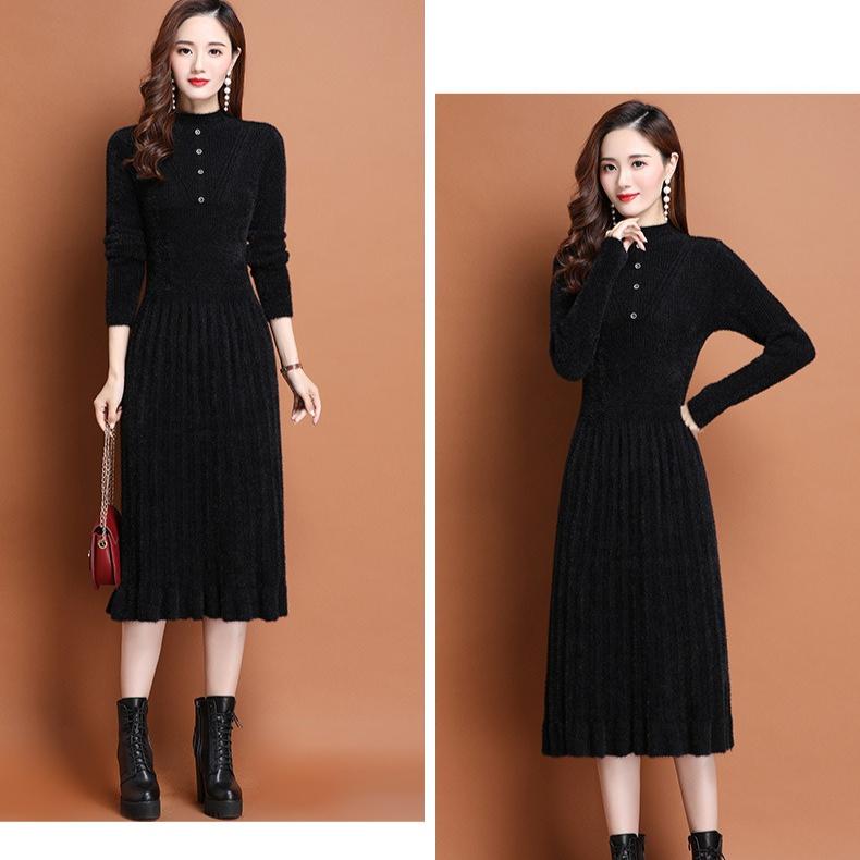Faux Mink Fur Dress Mid-length Knitted Dress for Women Solid-color Casual Long-sleeved Sweater Autumn and Winter