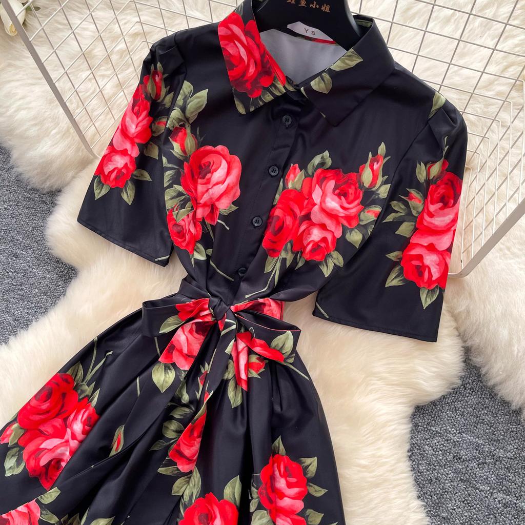 New Summer Beach Gorgeous Floral Midi Dress Shirt Women Single Breasted Belt Lace Up Short Sleeve Long Party Dresses Office Lady