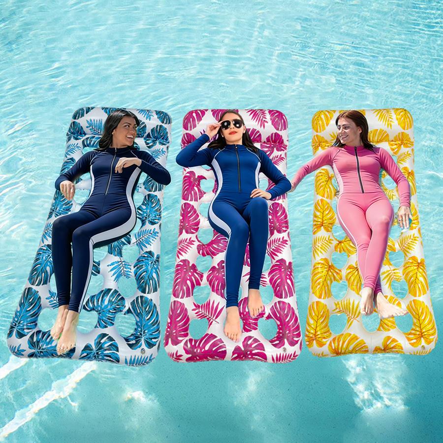 1pc Tropical Leaf Print Inflatable Pool Float Mat, Mesh Hole Water Floating Lounge Bed, for Summer Beach Party