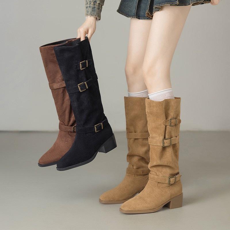 Spring and Autumn Western Cowboy Boots New High Boots Thick Heel Stacking Boots Skinny Long Boots Pant Pants Boots
