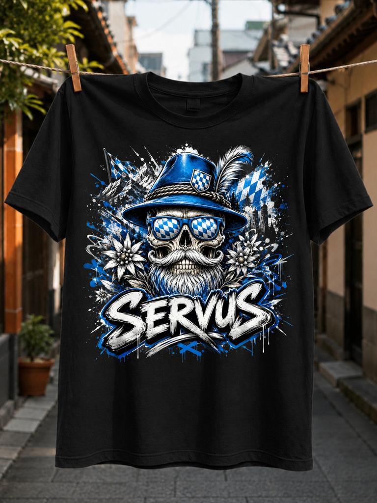 Servus lettering with in blue Bavarian and checkered Fl-ags flowers and alpine style Unisex All Unisex All T-Shirt