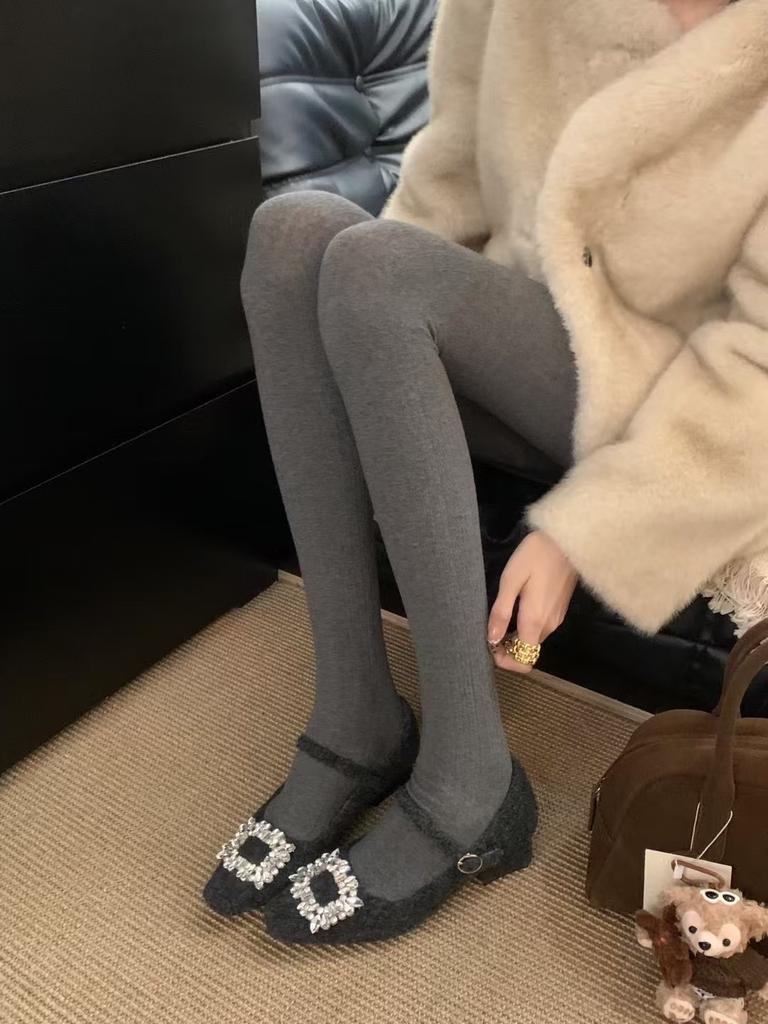 grey rhinestone thick heel Mary Jane shoes for women's winter wear new Korean version of square head woolen single shoes with velvet thermal 