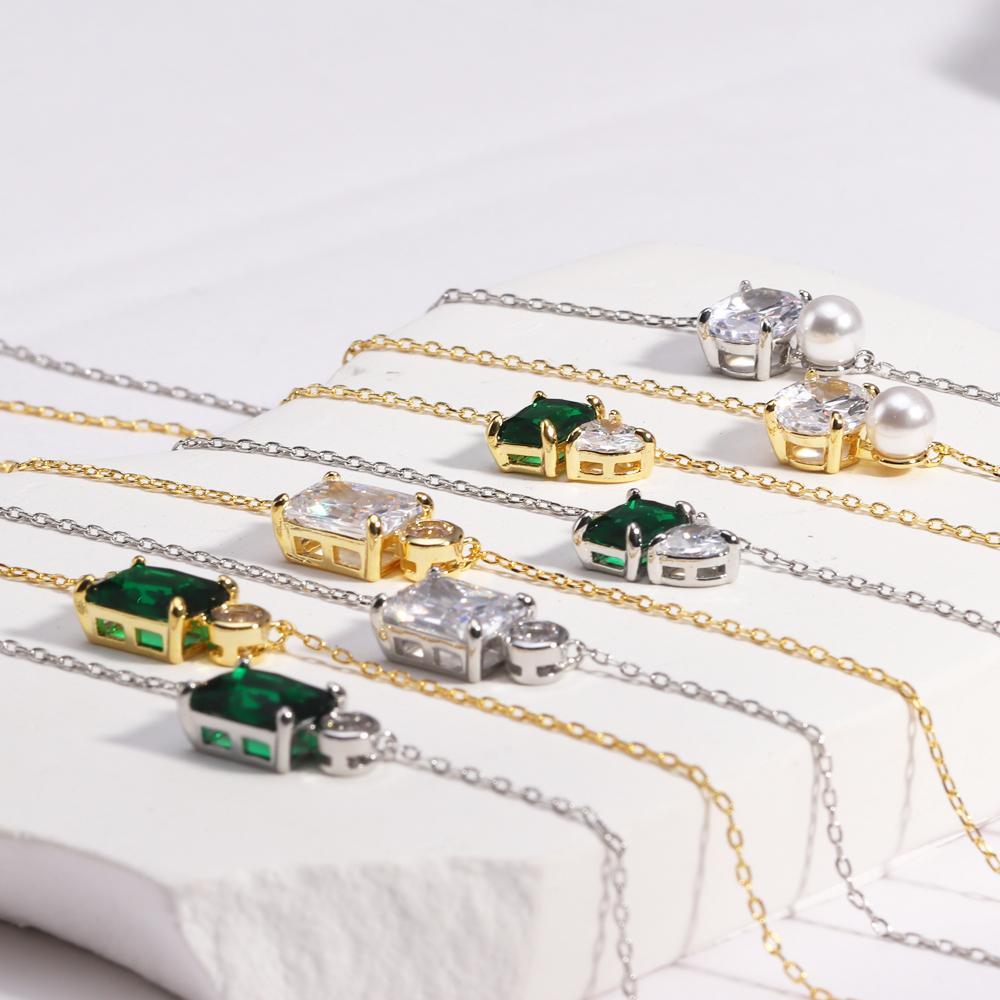Women 18K Gold Plated Square Oval Heart Green Crystal Cubic Zirconia Dainty Choker Necklace New Fashion Gold Necklaces for Lady