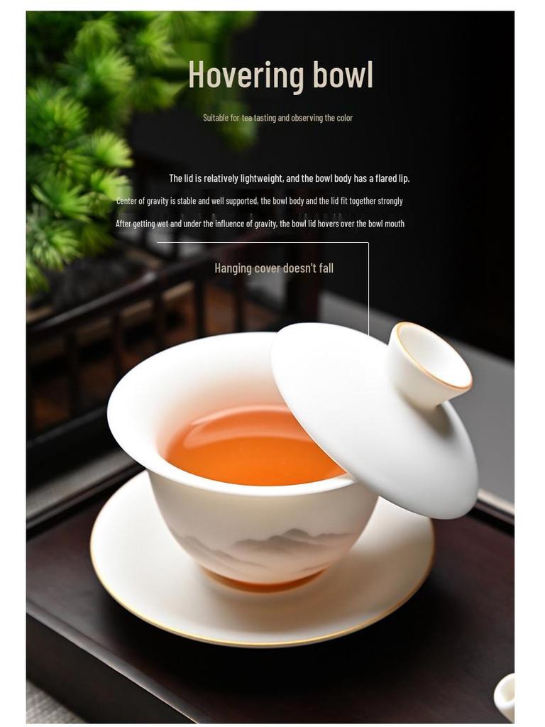 Kung Fu Mutton Fat Jade Gaiwan Teapot Set - Gold-Painted Luxury Tea Set