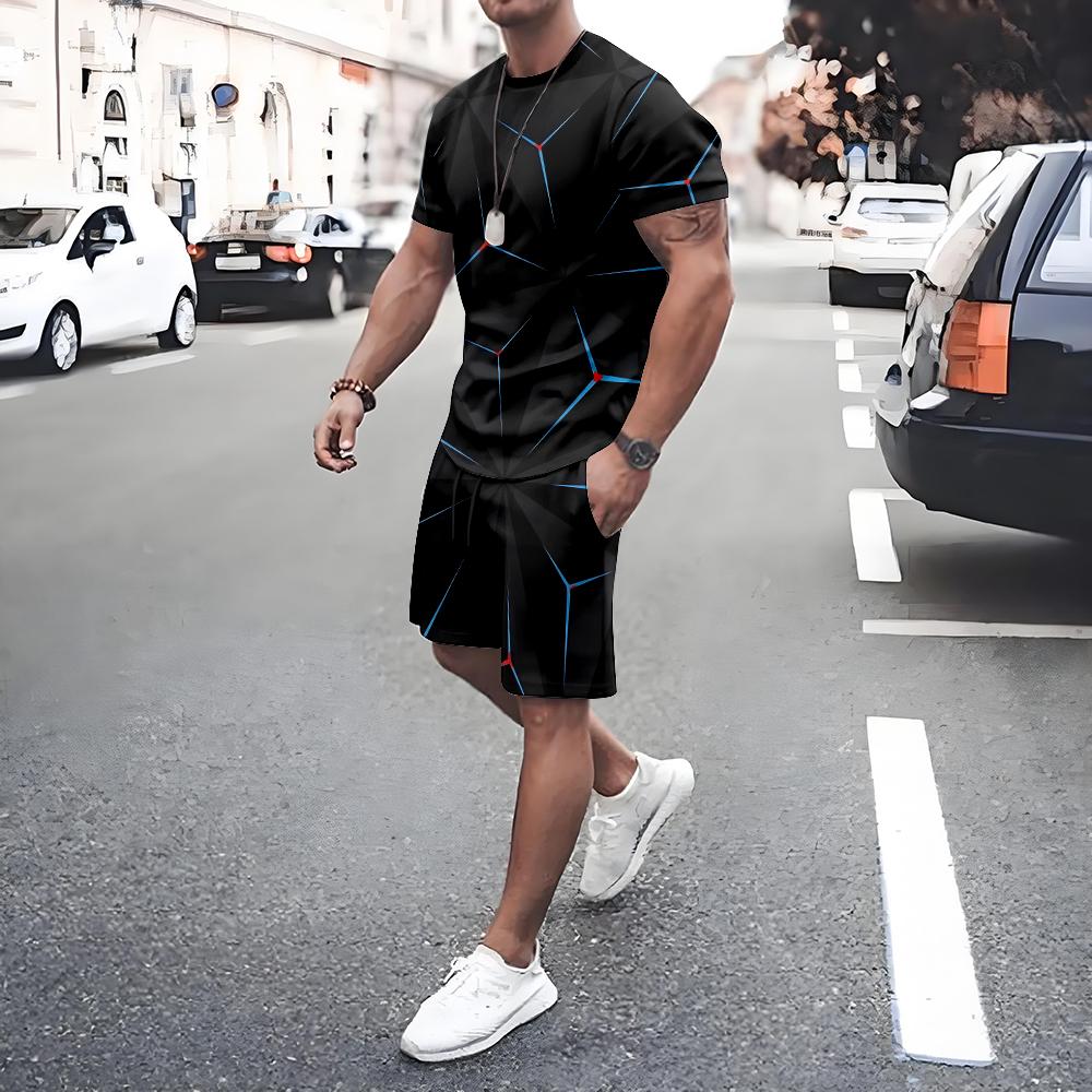 Plus Size Irregular Geometric T-shirt Shorts 2-piece Set Quick Drying Loose Men's Drawstring T Shirts Short Sleeve Tee Summer