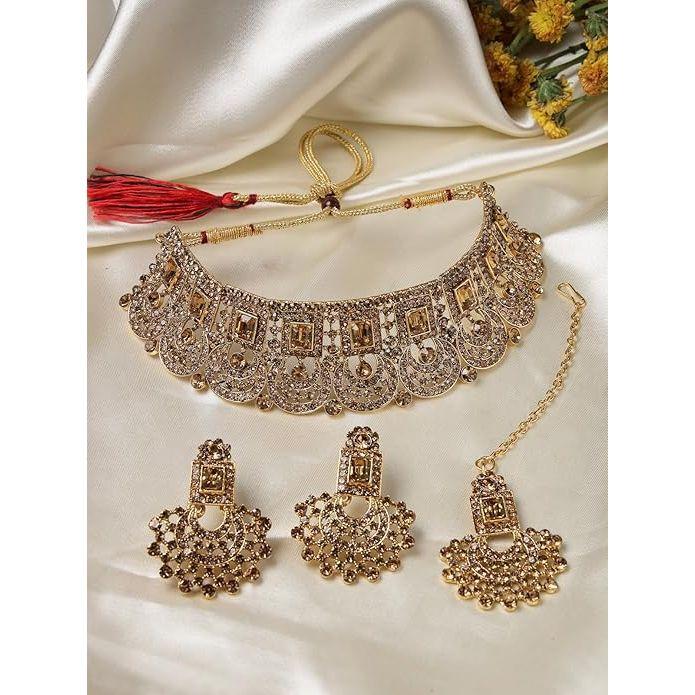 Graceful Curve Shaped  AD Stones Choker Necklace Set With Earring And Maangtika | Jewellery Set For Women