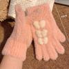 Fuzzy Bow Decorated Knitted Full Finger Gloves Polyester Warm Plush Gloves  Cycling Use