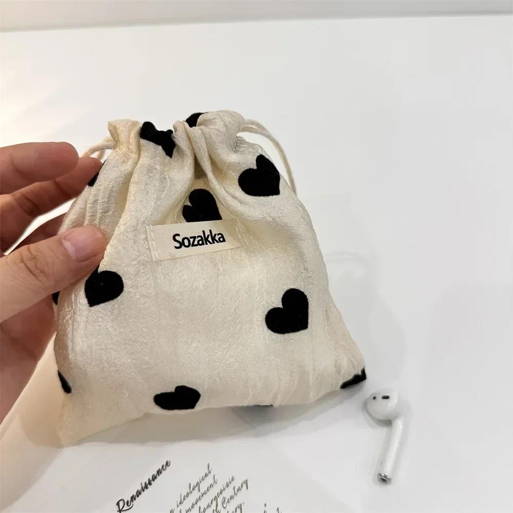 Champagne Love Drawstring Storage Bag Literary Style Polyester Vintage Drawstring Pocket Coin Purse Pull Rope Pouch Case