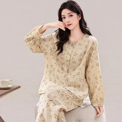 2025 Damen Herbst Baumwoll-Pyjama-Set: Langärmlig, Lange Hose, Doppellagiger Mull-Cardigan für Mama