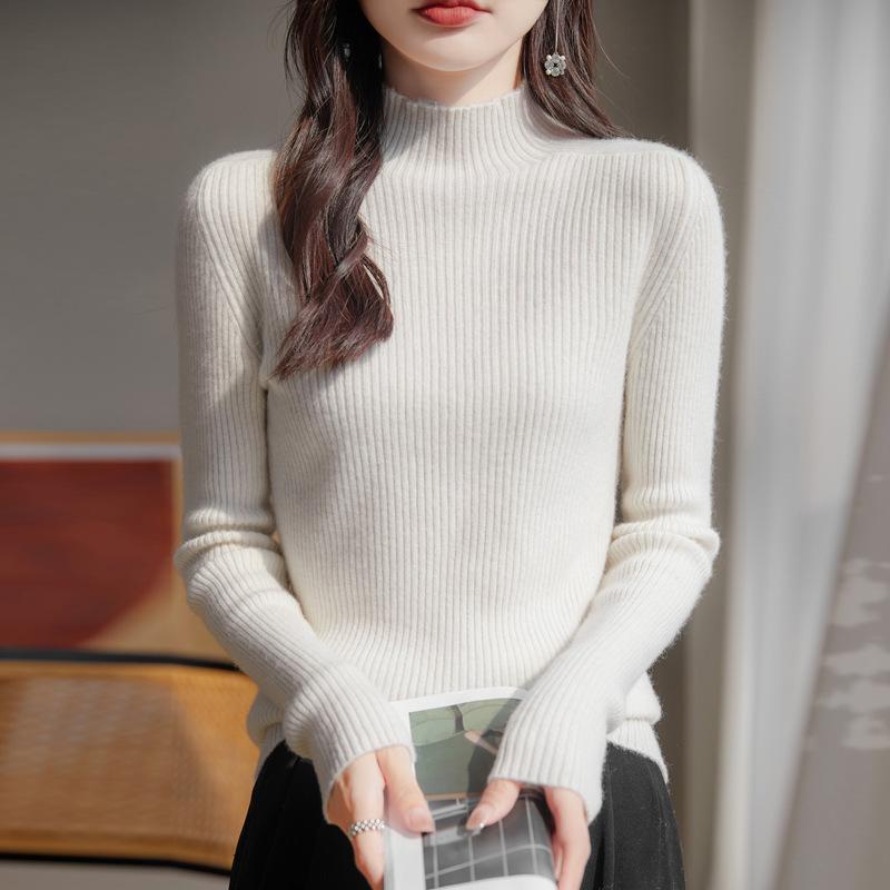 Maglione a collo alto a metà, tinta unita ispessito, pullover aderente, maglia a costine sottile per autunno e inverno, maglia di base