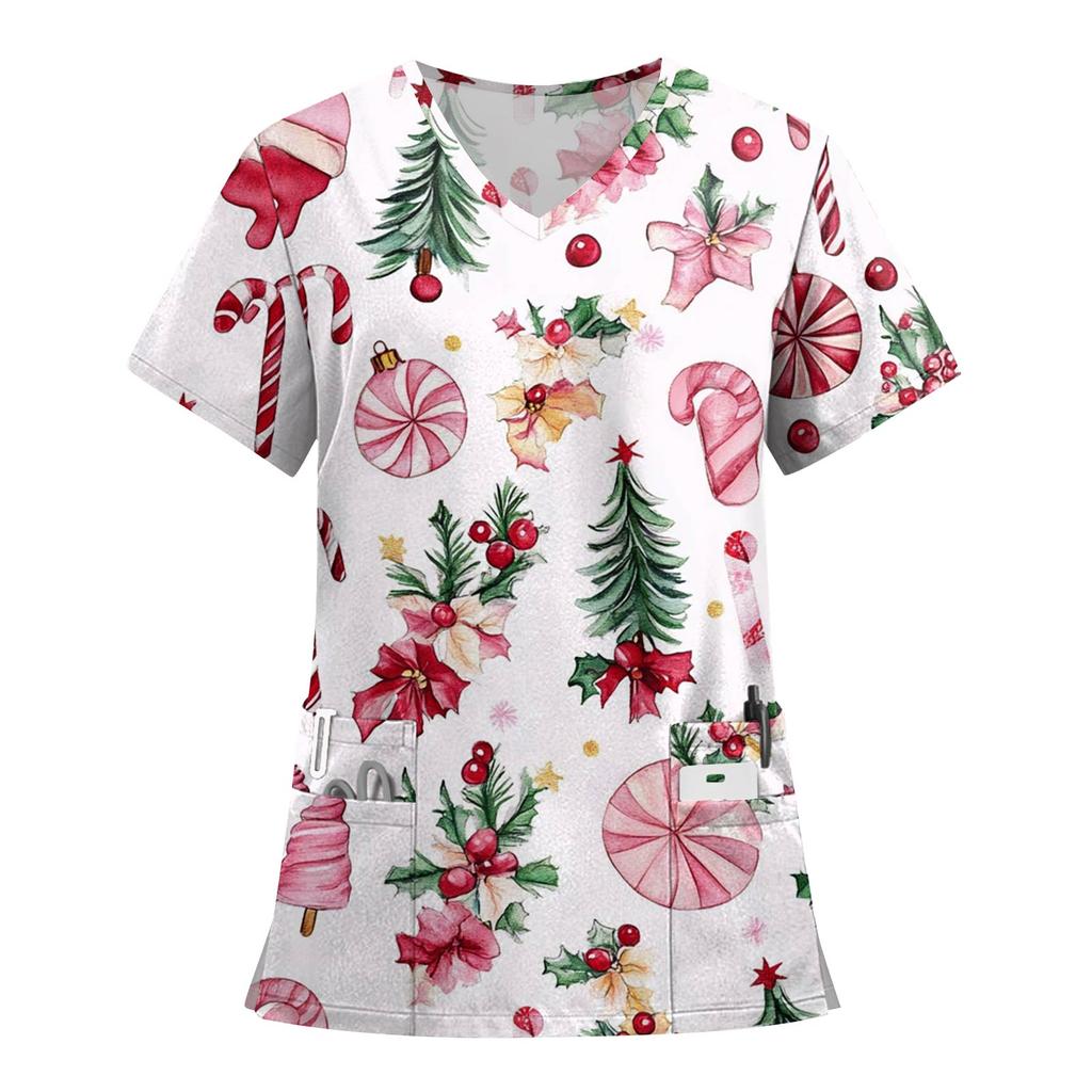 Women's Fashion Printed Short Sleeve V Neck Pattern Tops Pocket Working T-shirts