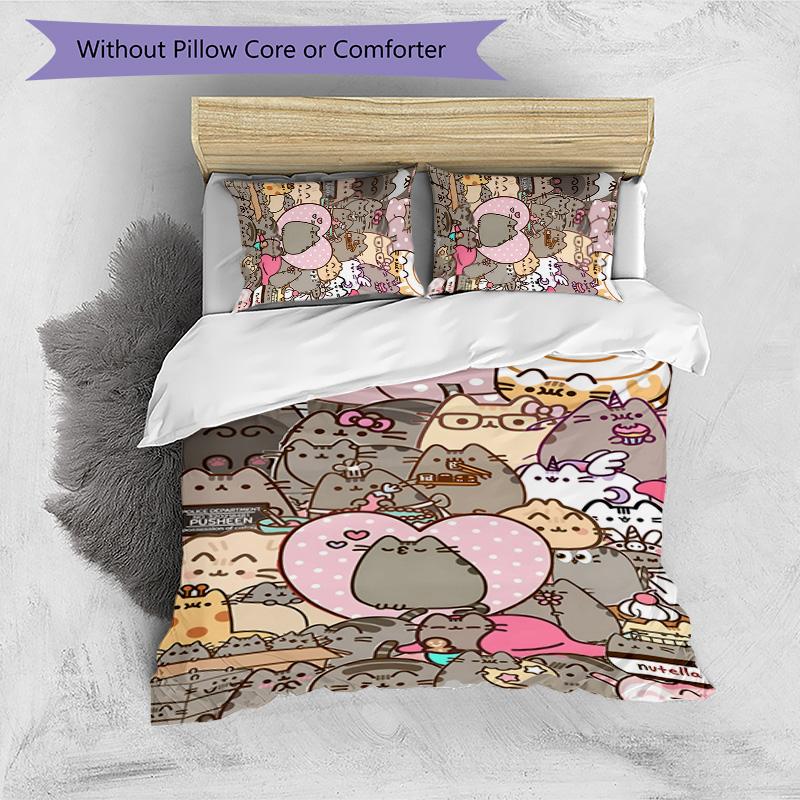 3pcs Pusheeen Design Cover Set - HD Printed Bedding with 1 Cover and 2 Pillowcases - Perfect for Home and Dorm Decor