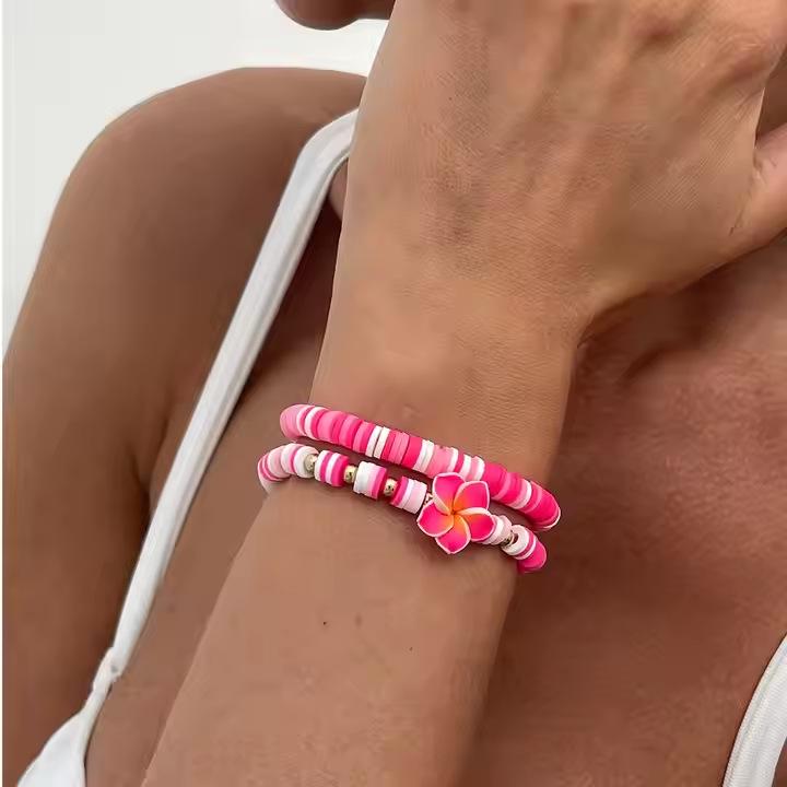 INS Style Bohemian Flower Bracelet Set: Mixed Color Polymer Clay, Elastic, Two-Piece