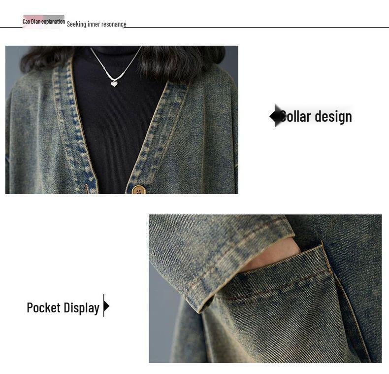 Plus Size V-neck Versatile Casual Long Sleeve Distressed Denim Jacket