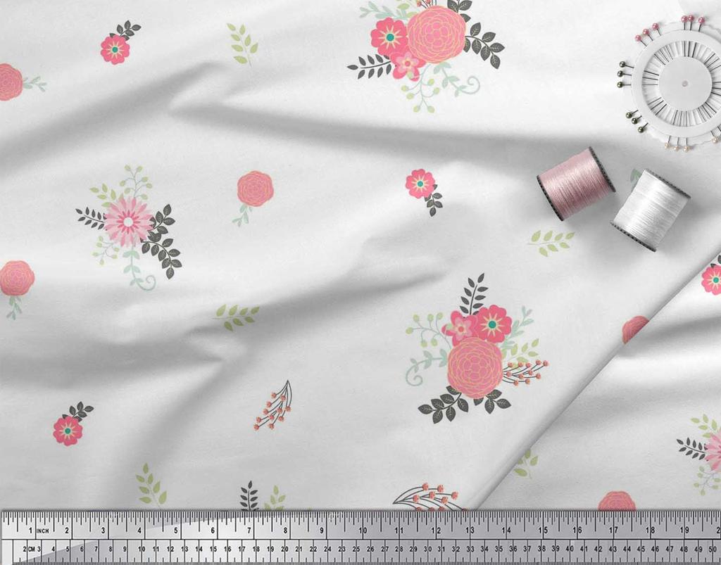 Soimoi Japan Crepe Satin Fabric Leaves,Aster & Camellia Flower Printed Craft Fabric by the Metre 42 Inch