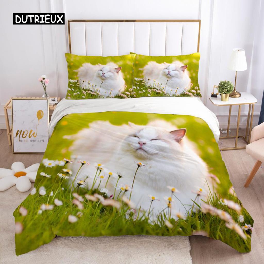 Cat Duvet Cover Set Cat Lover Gifts Bedding Set Microfiber Cute Kitten Pattern Animal Theme Double Queen King Size Quilt Cover