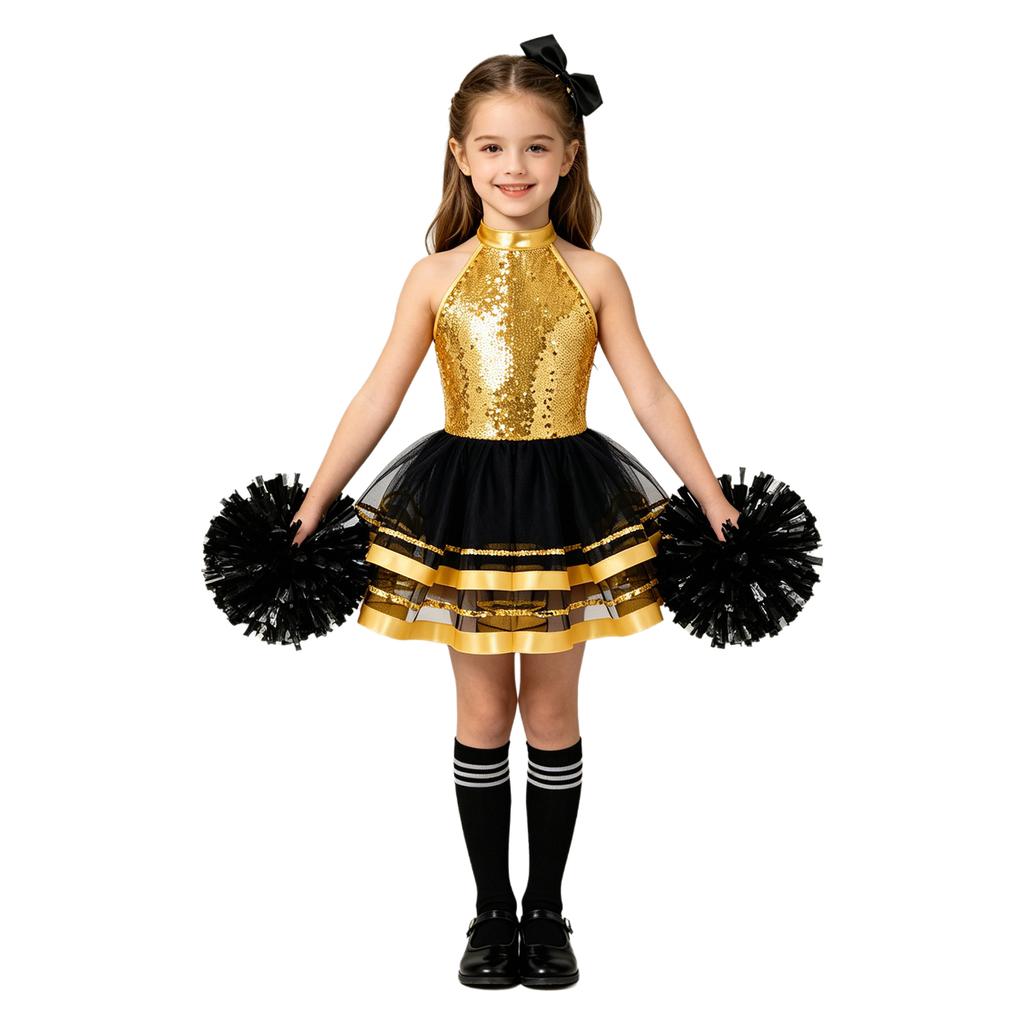 Girls Cheerleading Outfit Sleeveless Halter Sparkling Sequins Backless Tulle Tutu Dress Flower Balls Headwear Socks Set