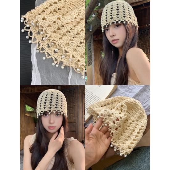Knitting Hat Bohemian Style Hollow Design Women Hat with Faux Pearls Pendant Lightweight Elastic Hat Headwear