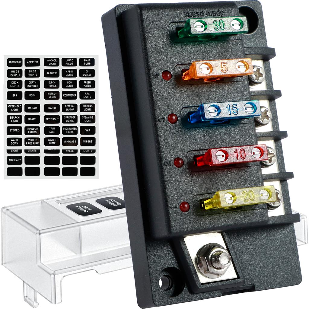 12V Fuse Holder 4/6 Circuit with LED Indicator Light and Waterproof Cover Blade Fuse Box Suitable for Cars RVs Trucks Ships