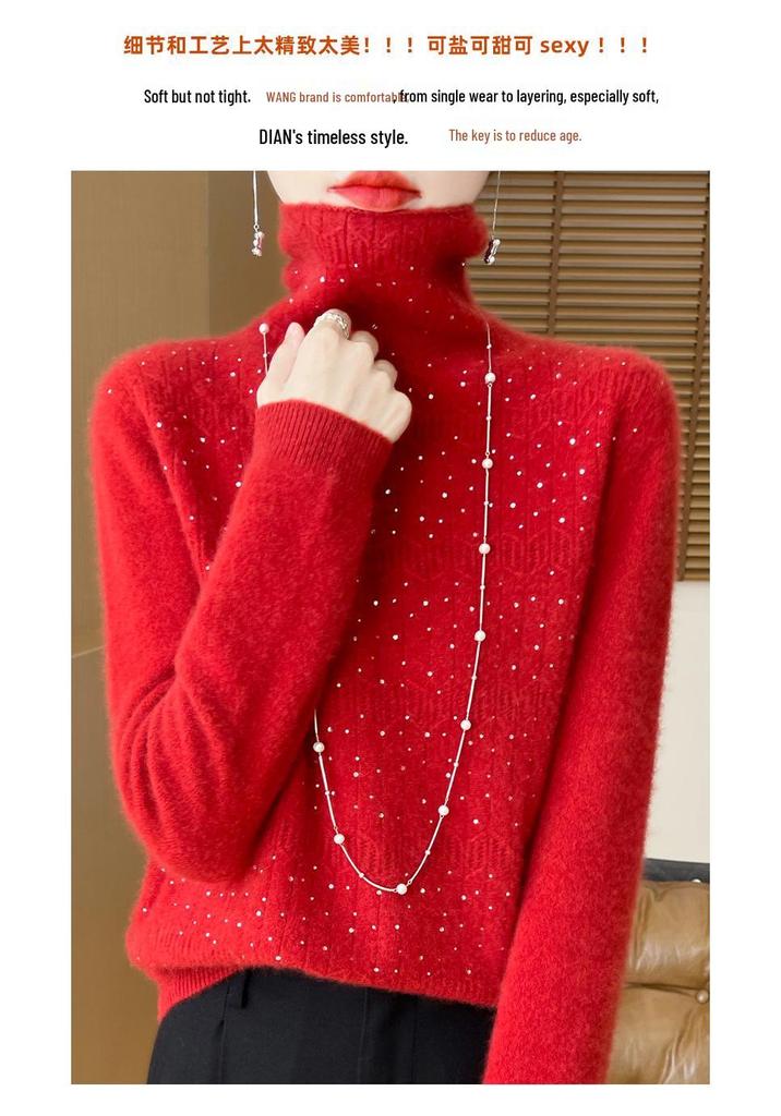 Women's Pure Wool Rhinestone Embellished Knit Top, Stacked Collar, Long Sleeve, Hollow Design for Autumn/Winter