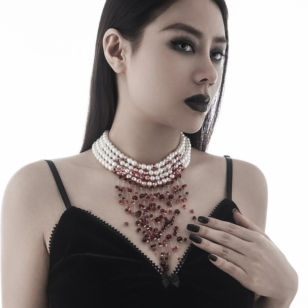 Goth Vintage Red Blood Imitation Pearl Chain Necklace for Women Long Tassel Crystal Beads Pendant Halloween Party Jewelry